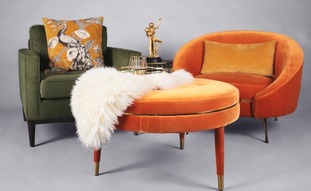 green and orange velvet furniture