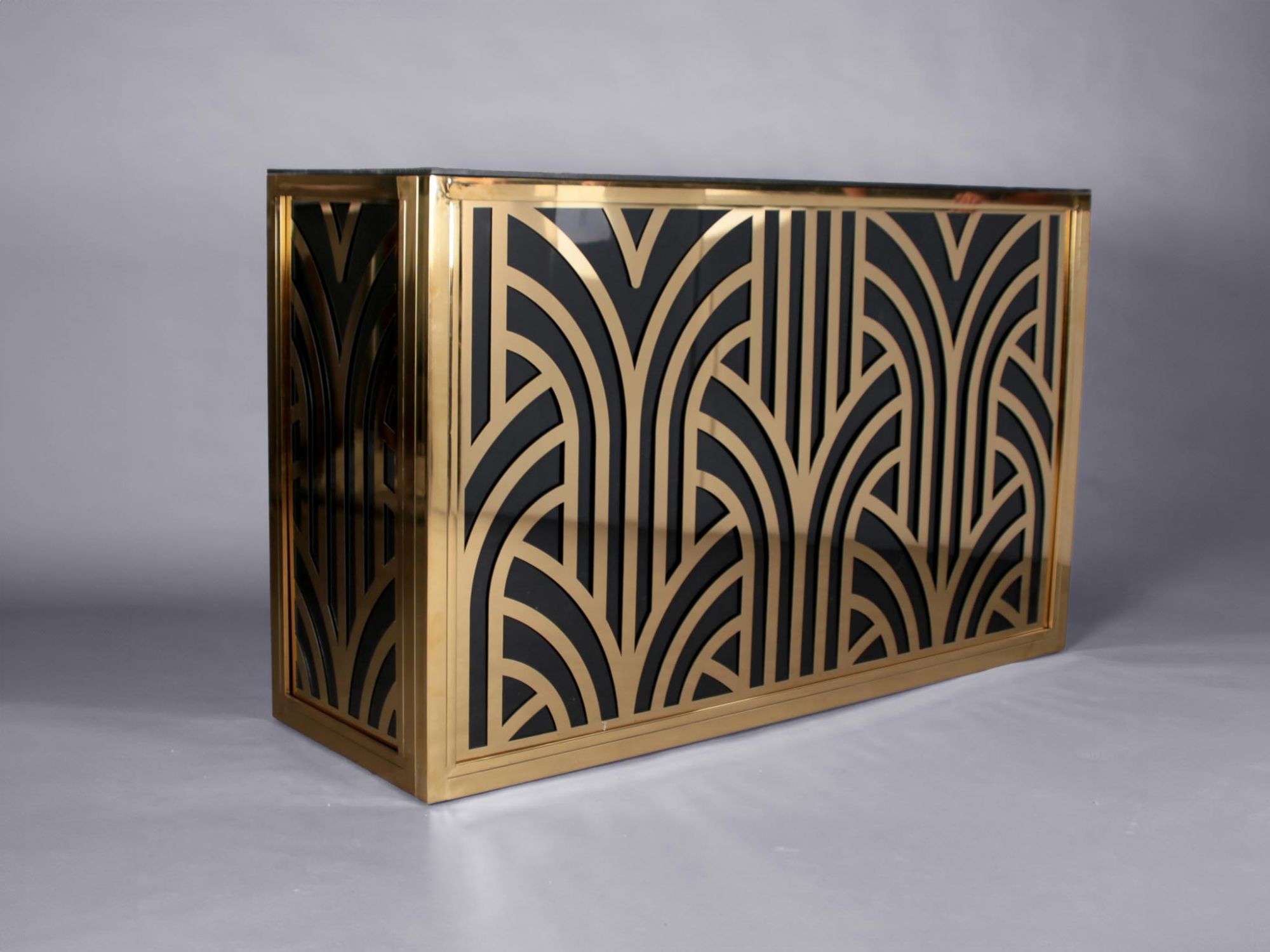 Furniture On The Move - black bar hire with gold art deco pattern detail to front and sides
