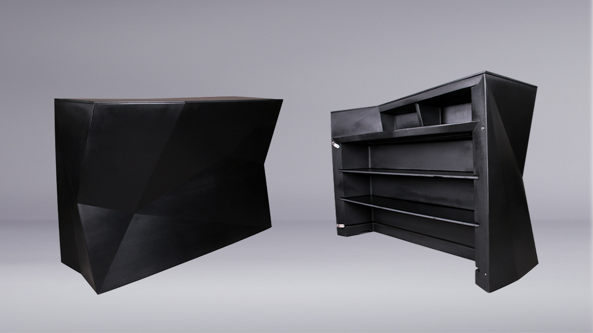 Black angular bar which is on offer for hire by Furniture On The Move